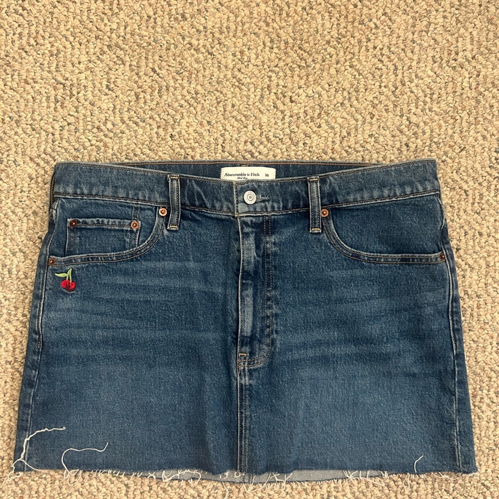 Abercrombie & Fitch Mid Rise Denim Skirt with Cherry Patch